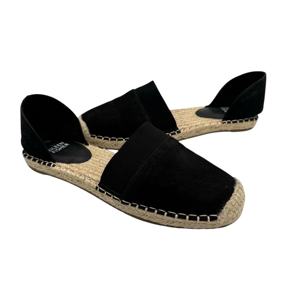 Eileen Fisher Lady Tumbled Black Nubuck Leather D'orsay Espadrille Flats
